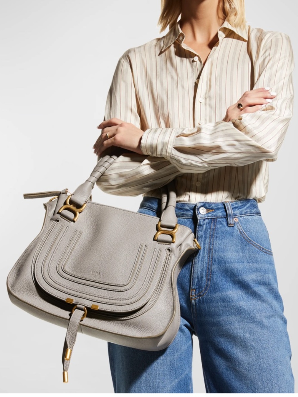 Chloé Marcie Medium Double Carry Satchel Bag in Grained Leather - CASHMERE GREY - Picture 5 of 13
